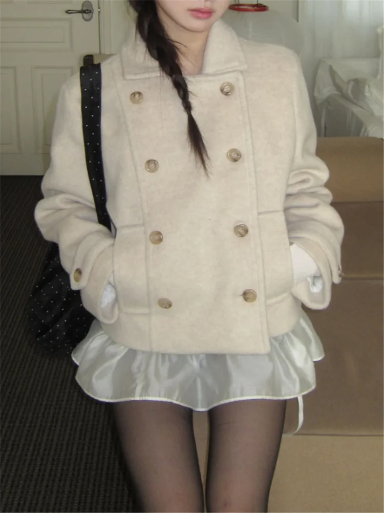 

Двубортное тонкое шерстяное пальто в академическом стиле, новое осенне-зимнее женское пальто с отложным воротником, бежевая, черная верхняя одежда, короткая повседневная куртка