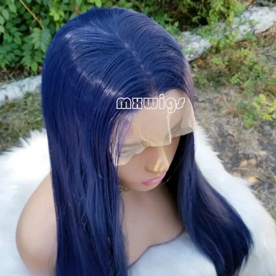 MXWIG Synthetic HairBlue Dark Straight Glueless  13X4 Lace Front Wig For Black Women Preplucked 26 