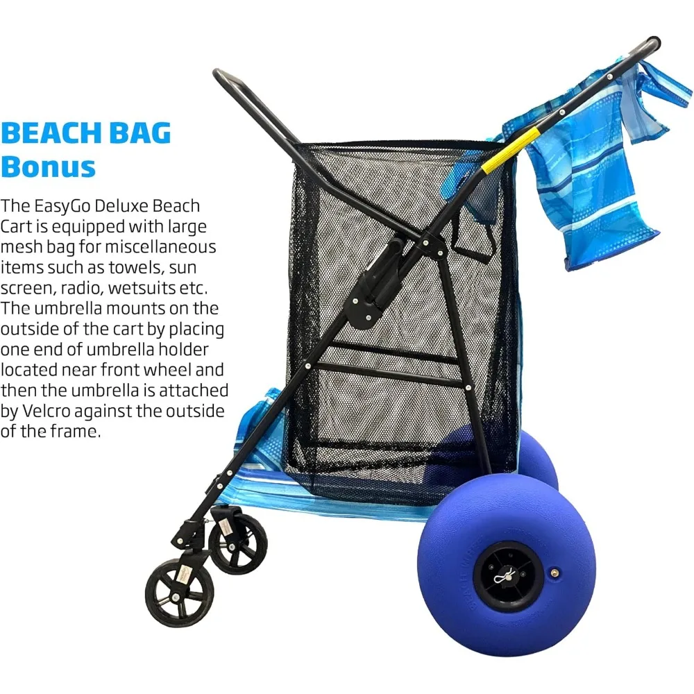 Heavy-Duty Folding Beach Cart with Sand Wheels, Holds 4 Chairs, Umbrella Holder, Ocean Utility, 13 x 7 Deluxe Beach Equipment