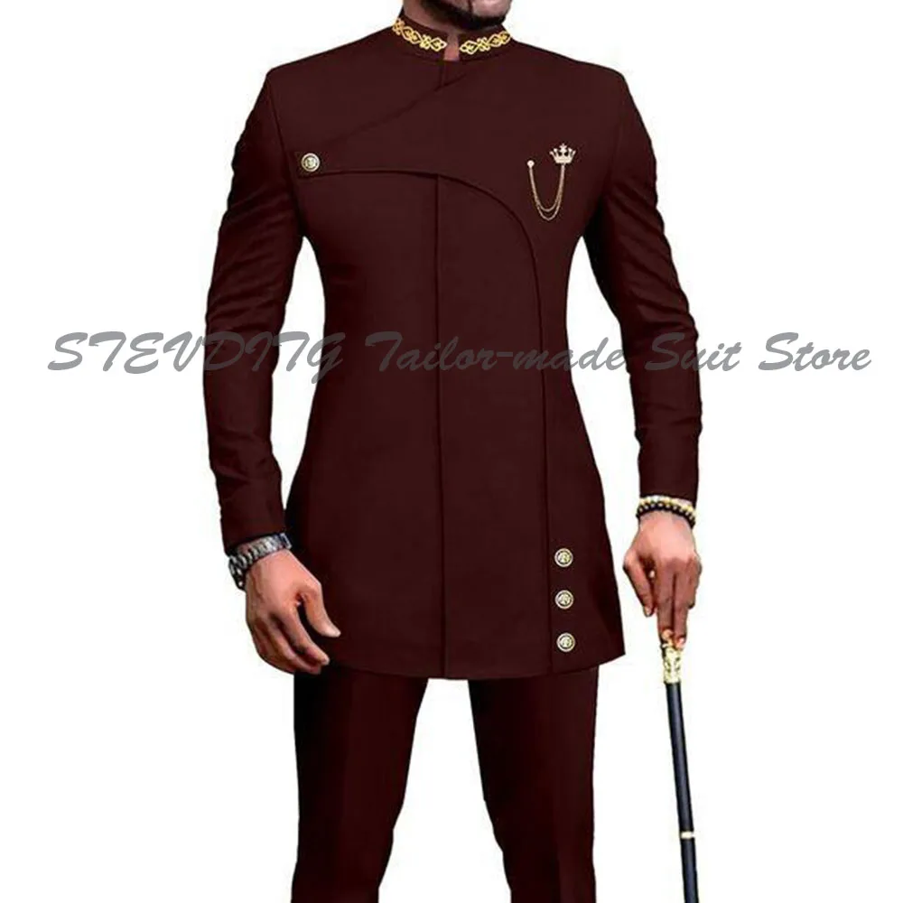 

Luxury Business Suits For Men One Button 2 Pieces Jacket Pants Skim High Quality Fashion Stand-up Collar Male Clothing Classic