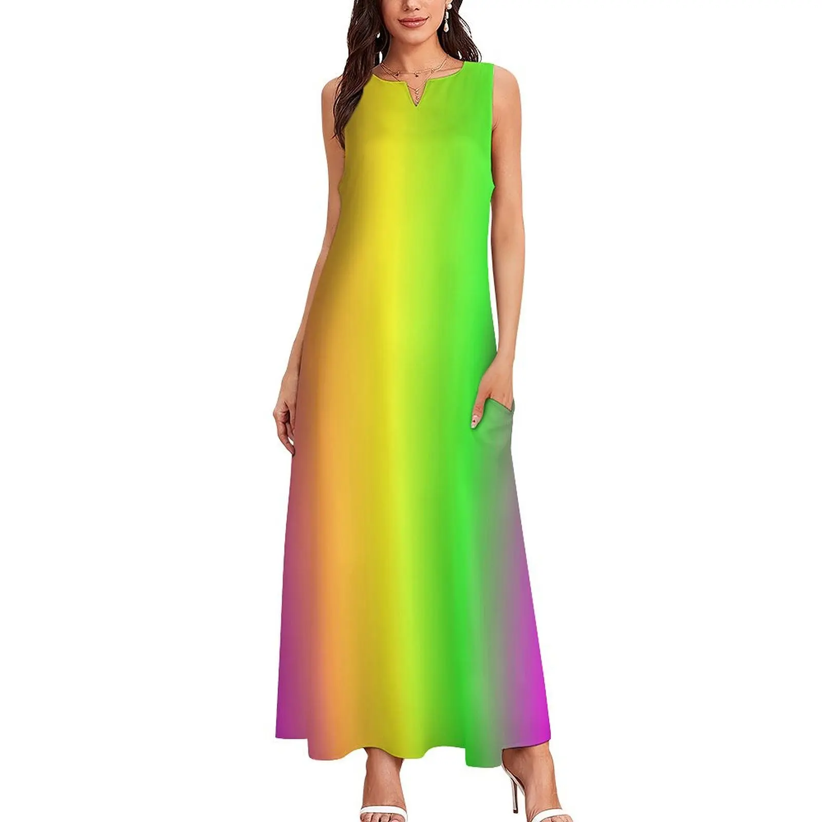 Rainbow Gradient Dress Pride Month Vintage Maxi Dress Korean Fashion Bohemia Long Dresses Woman V Neck Graphic Oversize Vestido