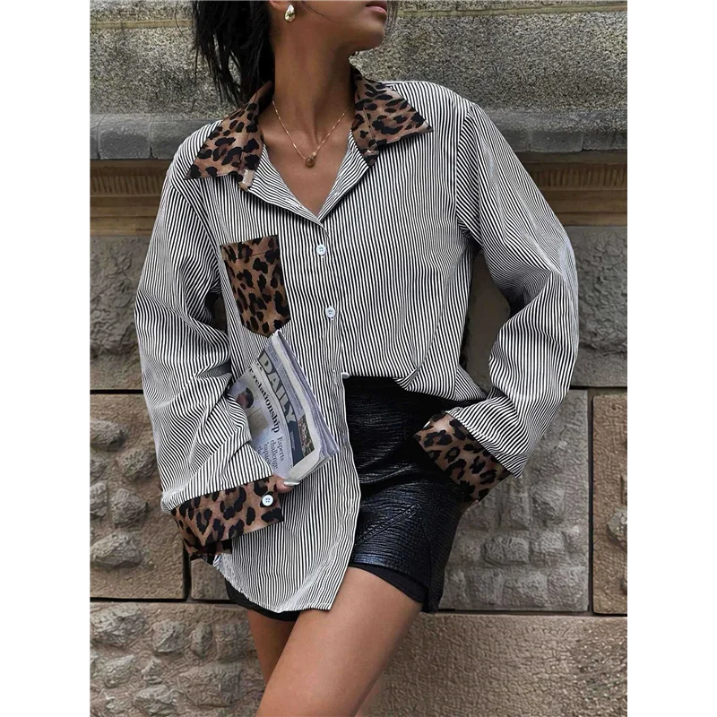 ABRT-เสื้อเชิ้ตแขนยาวพิมพ์ลายเสือดาวลายทางสำหรับผู้หญิง เสื้อเชิ้ตคอปกติดกระดุมลายเสือชีตาห์