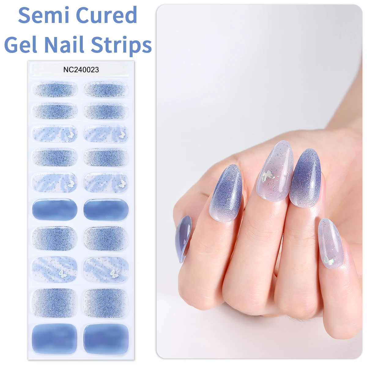 

20Tips French Semi Cured Nail Gel Strips Aurora Dreamy Butterfly Gel Nail Stickers Long Lasting Self Adhesive Nail Wraps