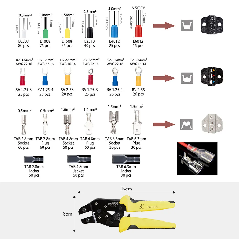 Terminais de fio ferramenta de friso mandíbula intercambiável isolado catraca crimper kit com 850 pces 0.5-6.0mm2 terminais isolados saco