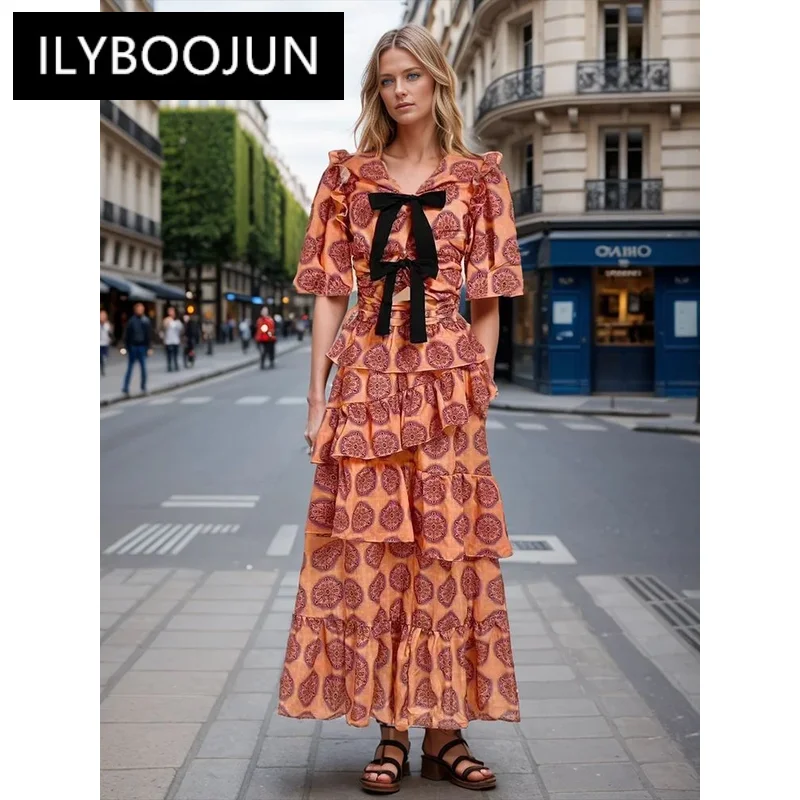 

ILYBOOJUN Colorblock Spliced Bowknot Elegant Dresses For Women V Neck Short Sleeve Tunic Temperament Hollow Out Dress Female