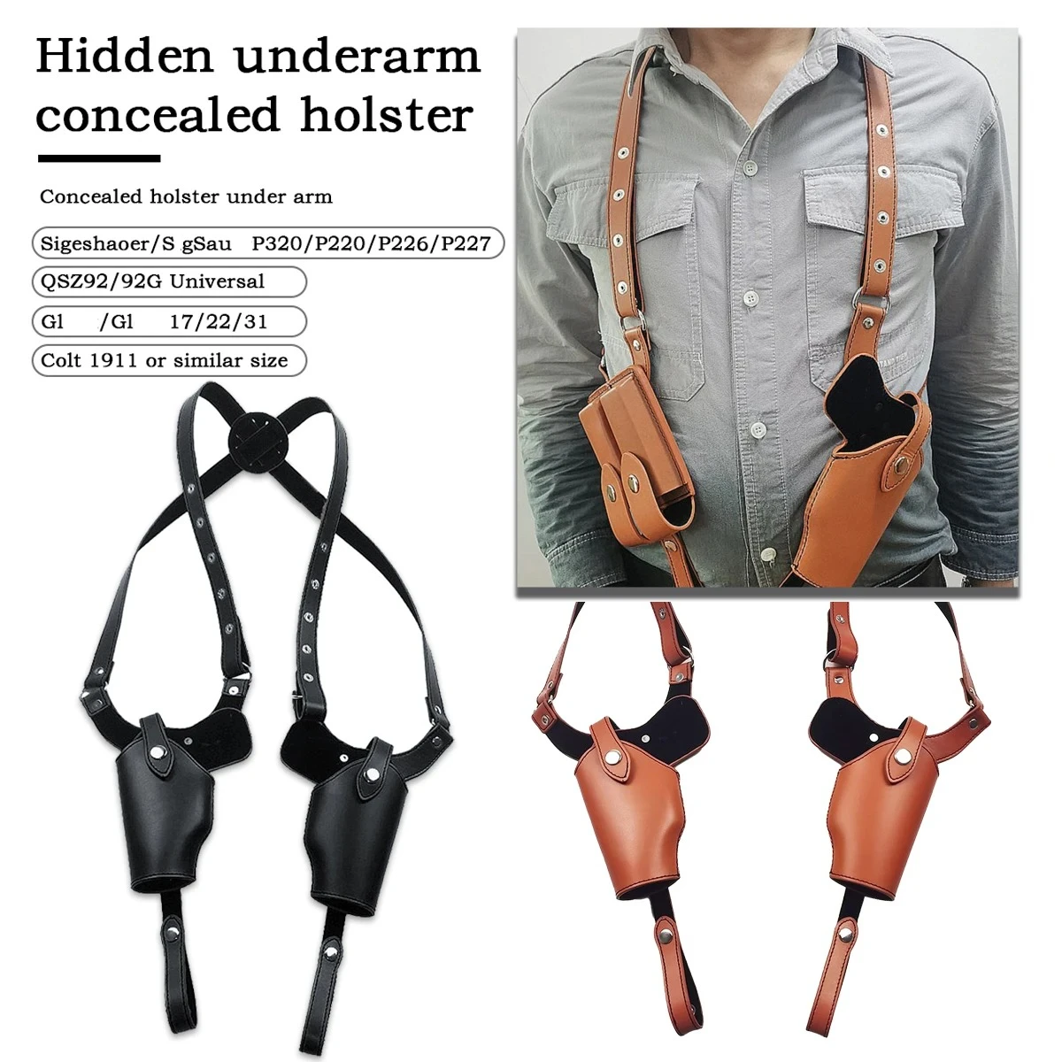 

Tactical 1911 Shoulder Gun Holsters Adjustable Concealed Carry PU Leather Gun Holster With Double Magazine Pouch G17 G19
