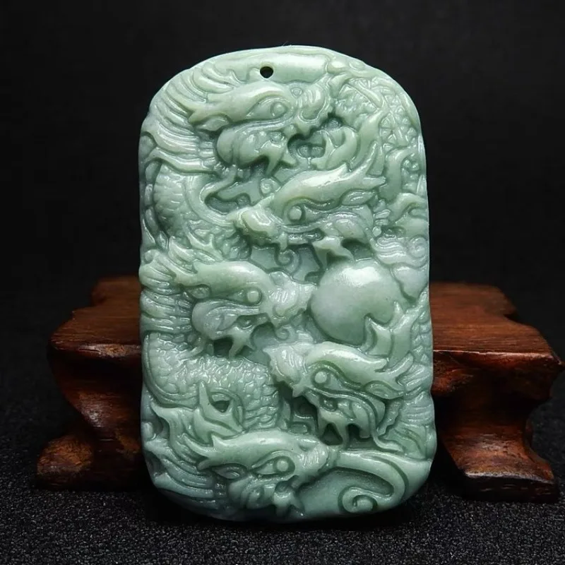 

Natural Bean Green Handicraft Sculpture Shuanglong Dragon Drama Bead Jade Pendant Men's and Female Zodiac Dragon Necklace Gifts