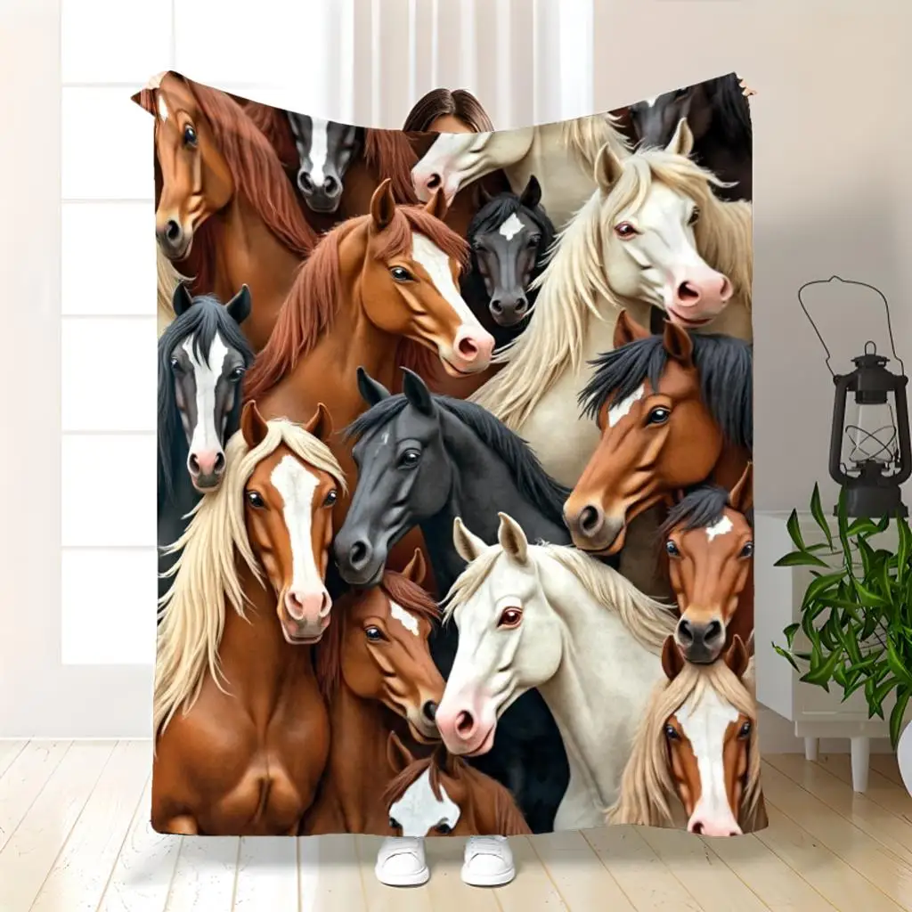 Charming Vintage Horse Throw Blanket Diverse Breed Stallion Mare Head Portrait Wildlife Pattern Cover For Daybed Sofa