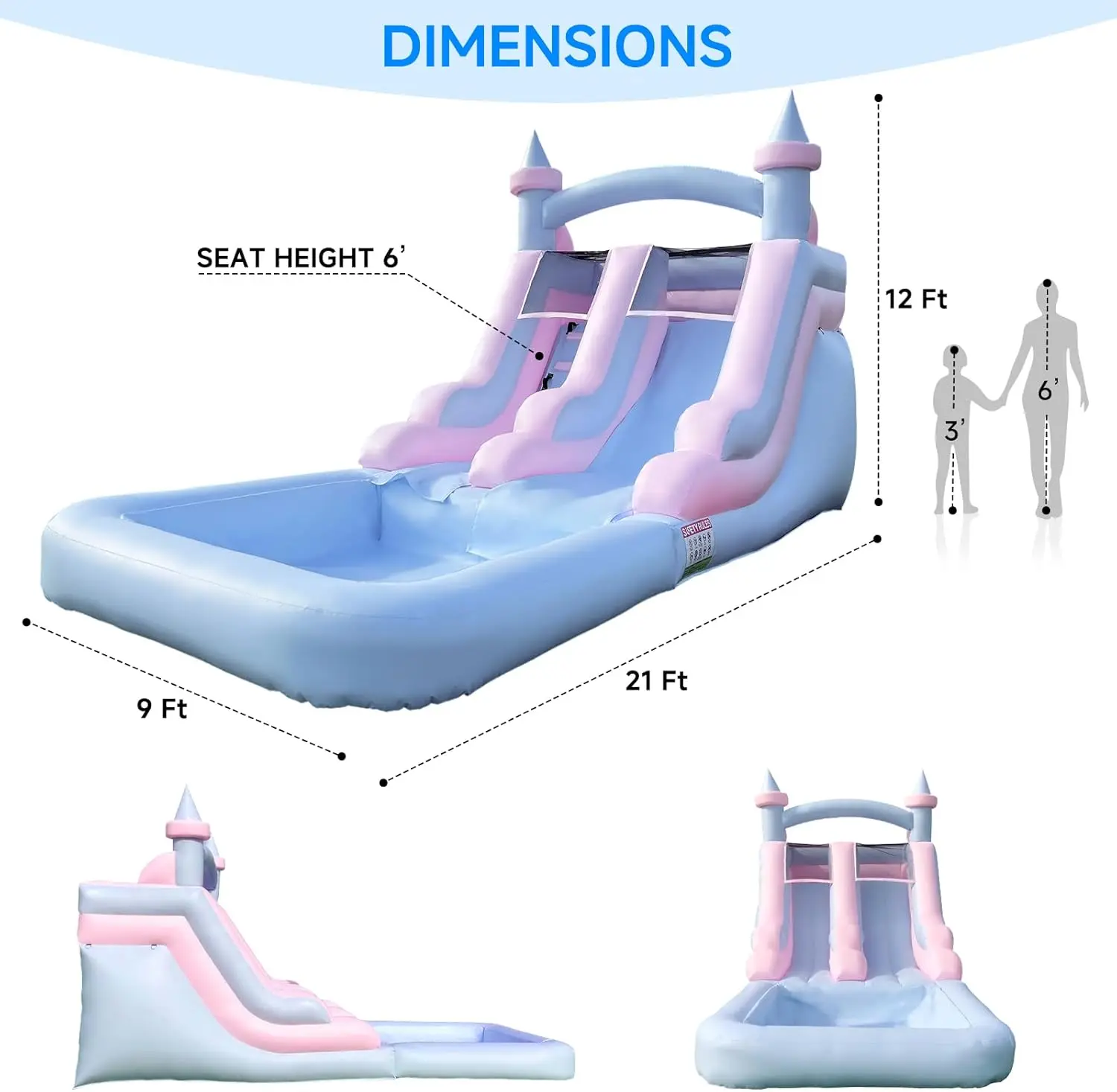 Corrediça de água inflável com piscina infantil, castelo insuflável para adultos e crianças, azul e rosa, categoria comercial, inclui ventilador, 21 pés