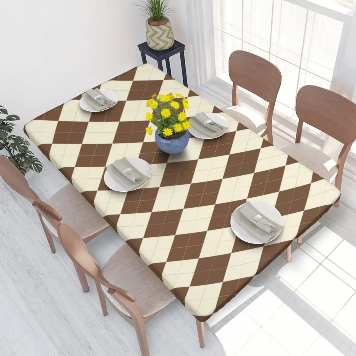 Custom Rectangular Waterproof Modern Brown Cream Color Argyle Pattern Table Cover Table Cloth 4FT Tablecloth for Dining