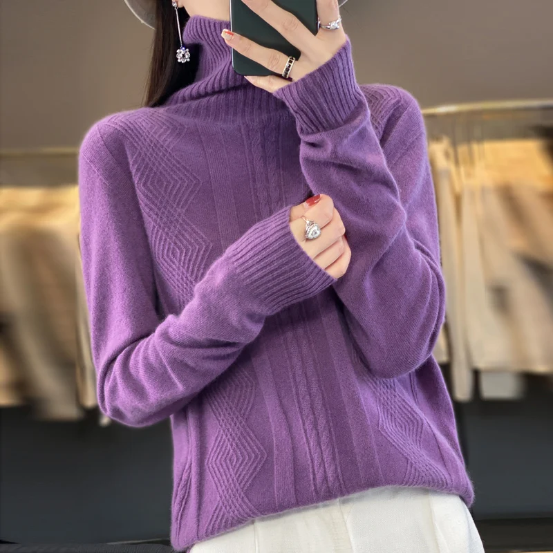 Women 100% Merino Wool Sweater For Winter Turtleneck Thick Warm Pullover Twist Flower Long Sleeve Cashmere Knitwear New Fashion