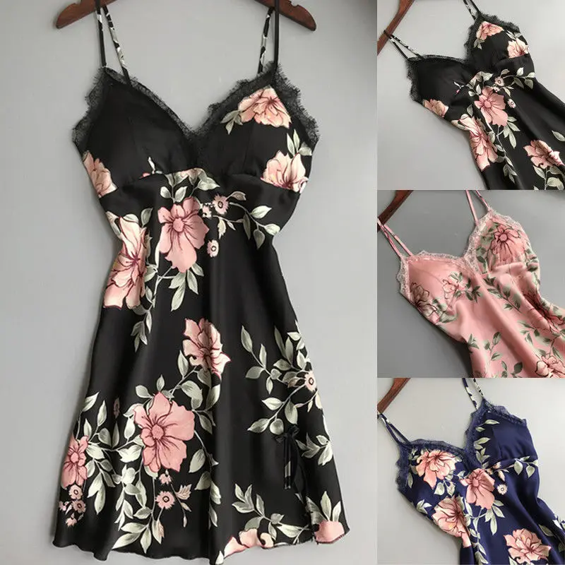 Gecelik Linger-Robe de nuit en satin floral pour femmes, soutien-gorge sexy, col en V, vêtements de nuit en dentelle, chemise de nuit imprimée,