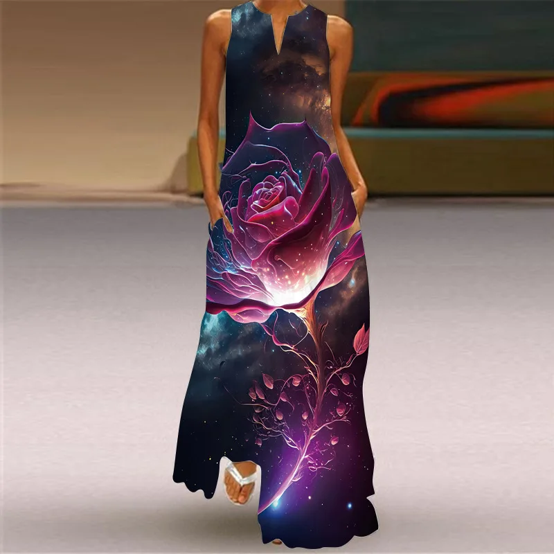 Women's Elegant 2024 Summer  Fashion Sexy Printed V-neck Sleeveless Dress Vetement Femme Vestido Playa Mujer