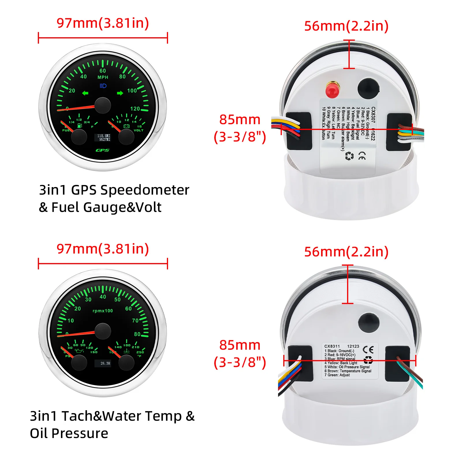 2 Gauge With Sensor 85mm 3 in 1 Tachometer+Oil Press+Water Temp 7 Colors Light Gauge 3in1 GPS Speedometer+Fuel Level +Voltmeter