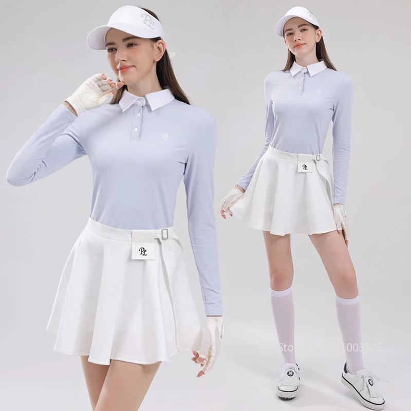 

PL Golf Женская одежда Рубашка-поло для гольфа с длинным рукавом Однотонные эластичные спортивные топы Женская теннисная плиссированная юбка с рюшами и короткими внутренними шортами