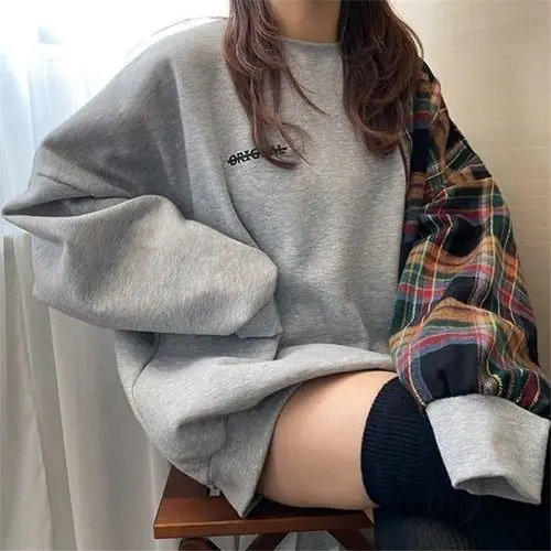 Popular plaid spliced sweatshirt for women 2024 niche autumn and winter style spliced long sleeved printed sweatshirt for women