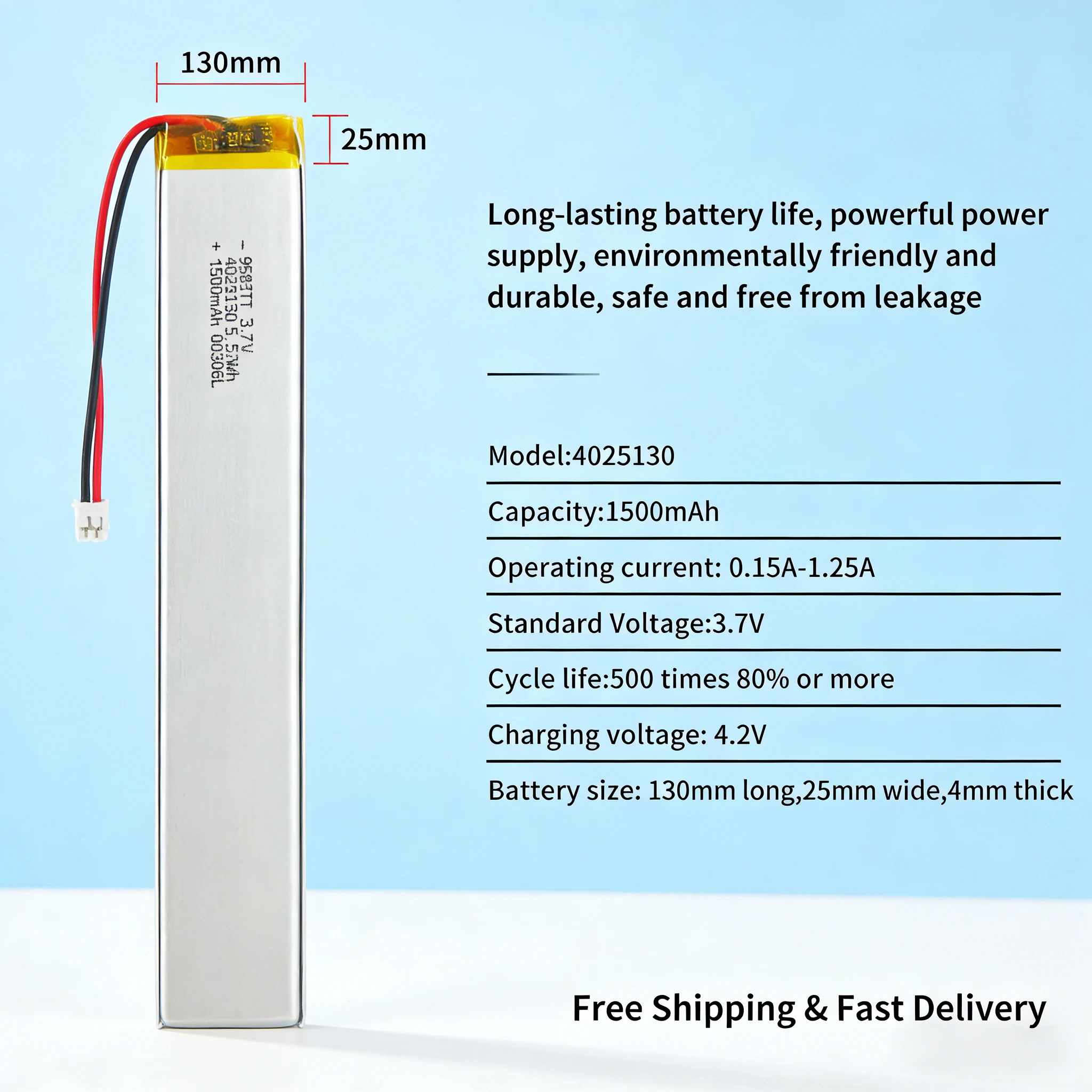 

Rechargeable 1500mAh 3.7V 4025130 Li-Po Battery for Slim LED Lamp Cabinet Sensor Wardrobe Light E-Reader Li-ion