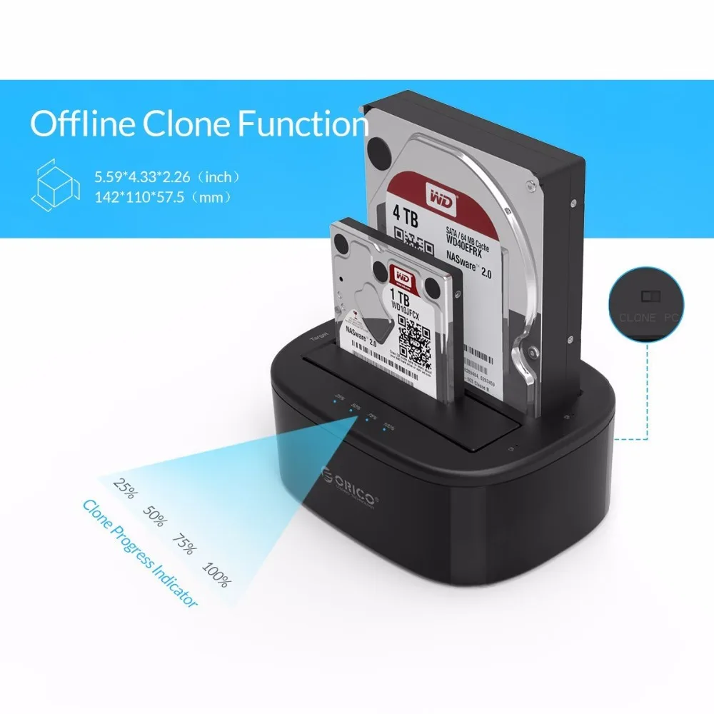 ORICO Mobile Dual Bay HDD Docking Station with Offline Clone SATA To USB 3.0 External Hard Drive Docking for 3.5/2.5 HDD SSD