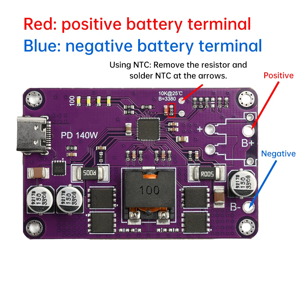 Module de charge et de décharge de batterie au lithium 3S 4s 5s 6s, protocole PD3.1 jusqu'à 140W, module d'alimentation de charge rapide type-c