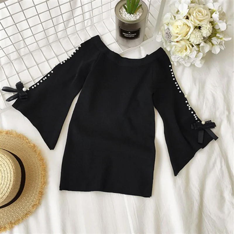 Stylish Loose Knitted Off Shoulder Bow Beading Blouse Female Clothing 2023 Summer New Casual Pullovers Sweet Flare Sleeve Shirt