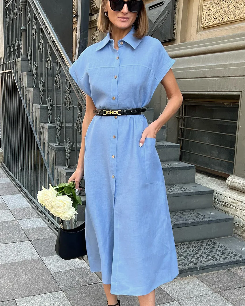 Abito in lino di cotone con lacci a vita alta leggero e maturo in stile francese per le donne Abiti eleganti a maniche corte con bottoni autunnali