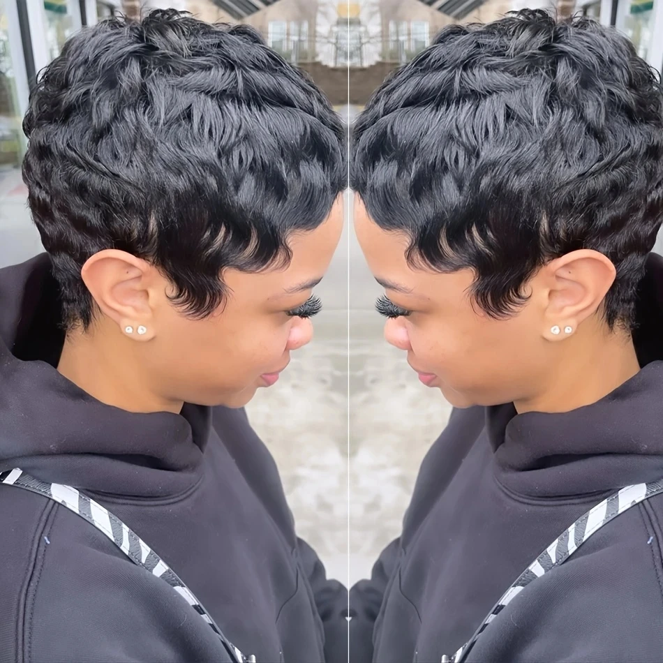 人毛ショートピクシーカットレミーウィッグフルマシンメイドボブウィッグ前髪付き