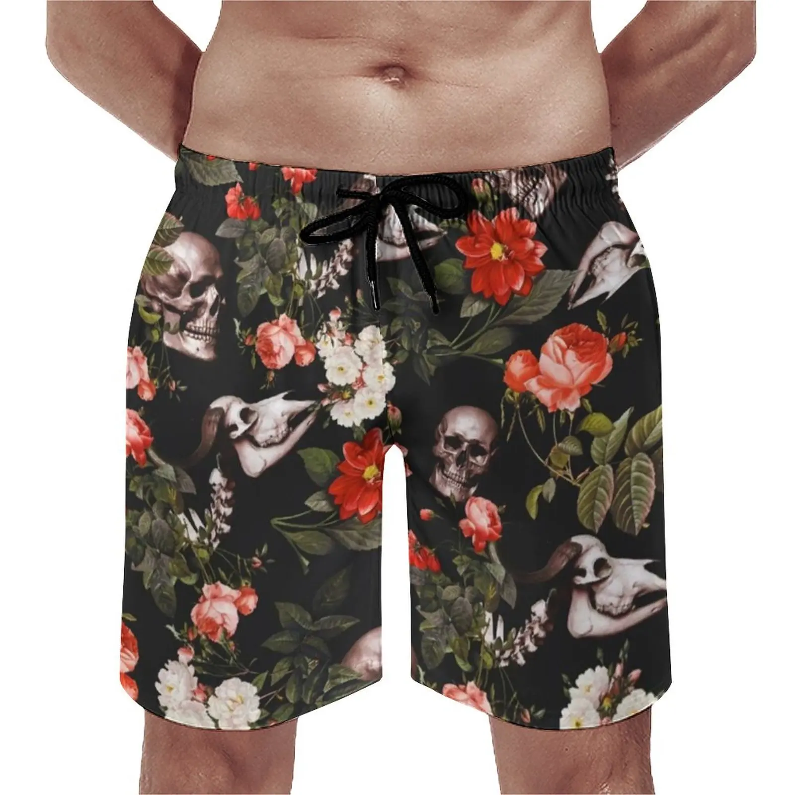 Skull Pattern Board Shorts Quality Males Beach Shorts  Garden Floral Print Daily Swim Trunks Big Size