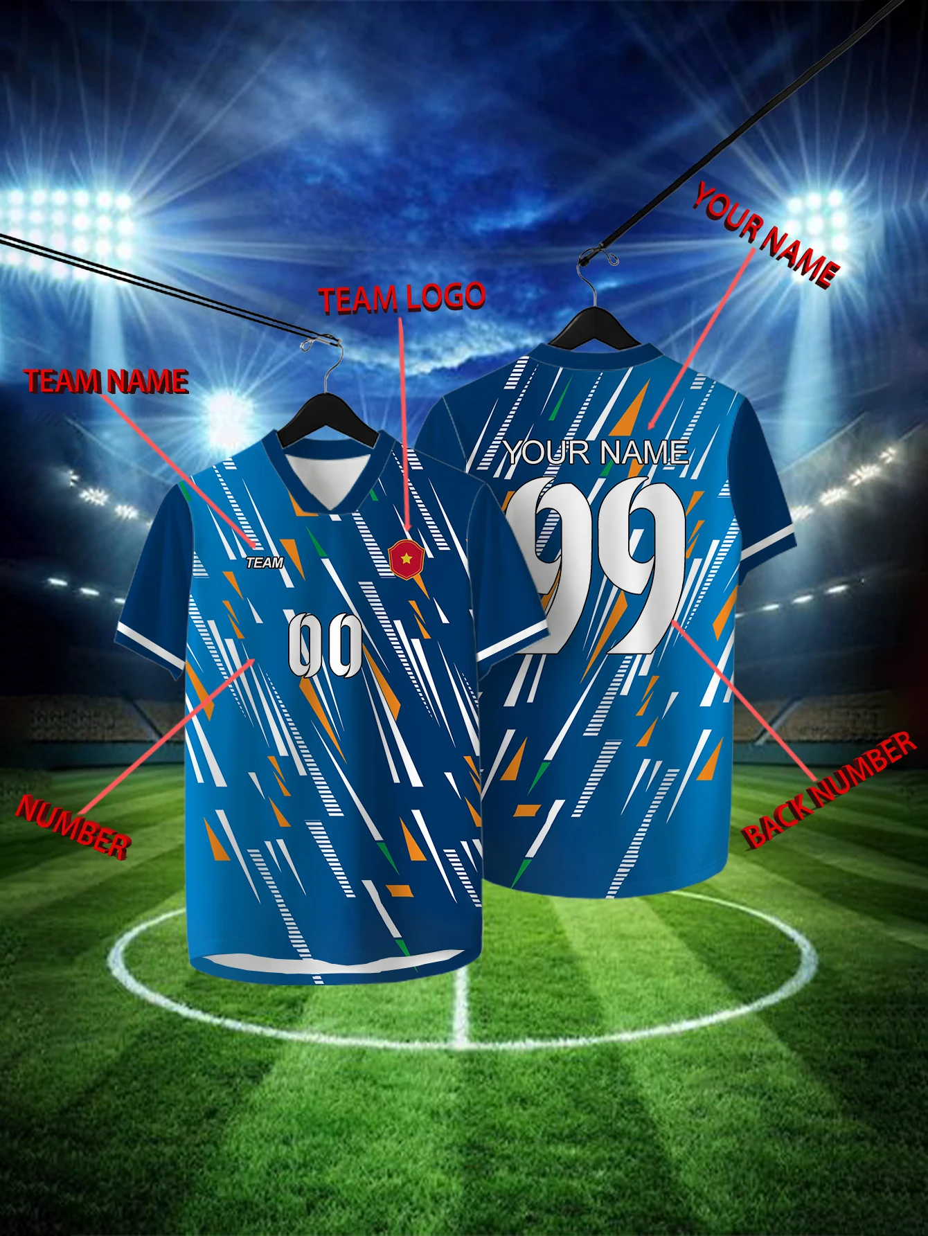 

Customized Geometric Blue Short Sleeved Shirt with Team Name, Emblem, Name and Number, Outdoor Sports Short Sleeved T-shirt