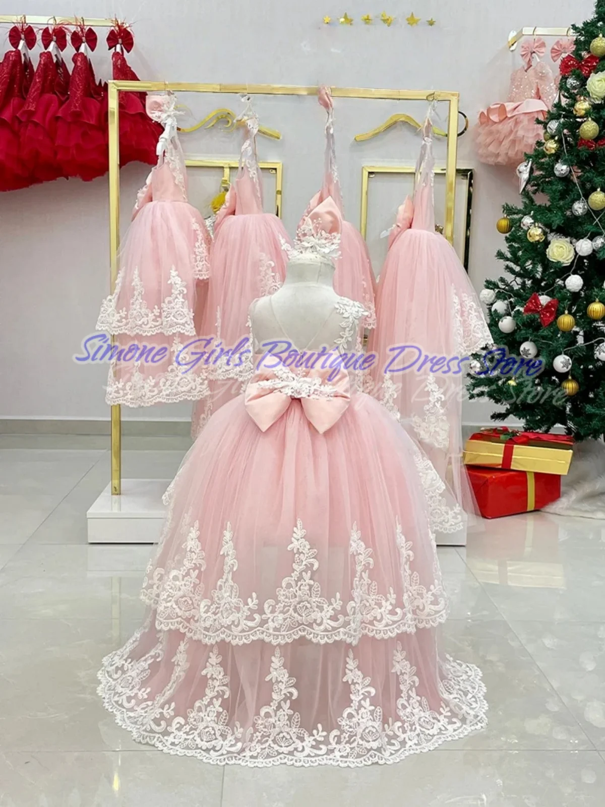 Embroidery Pink Bow Tail Skirt Sleeveless Flower Girl Dress for Birthday party Formal Tulle Ball Gown Dance Performances Parties