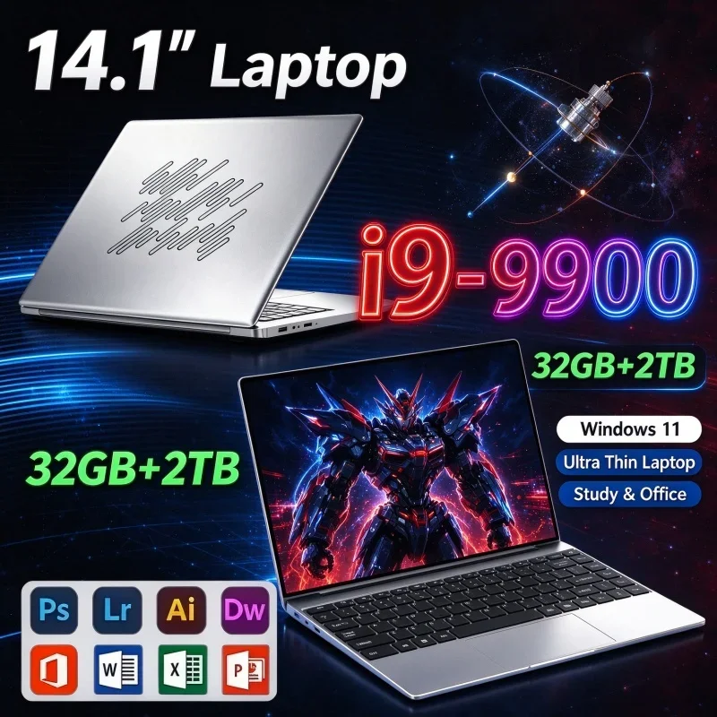 New 14.1'' Inch Portable Ultra Slim Notebook Windows 11 Intel I9-9900 32GB RAM Optional 1TB/2TB SSD Daily Office Study Laptop