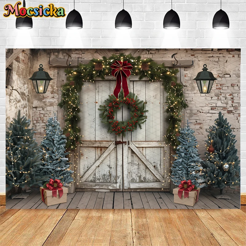 Mocsicka Rustic Country Tree Farm Backdrops Kids Family Photography Xmas Photo Child Adult Photocall Wooden Door Farm Background