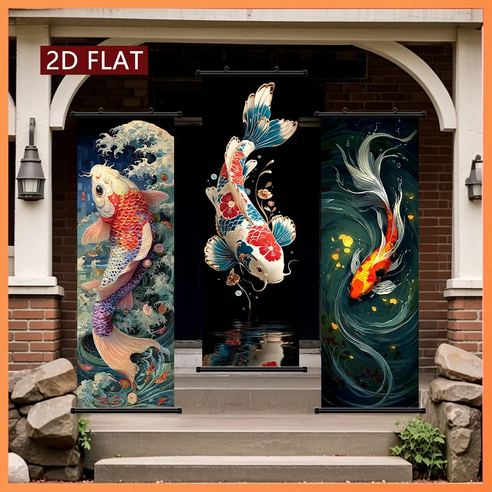 VIKAMA Retro Ukiyo-e Koi Wave Triptych Wall Scroll Poster Colorful Carp Vintage Japanese Canvas Art Print Hanging Painting