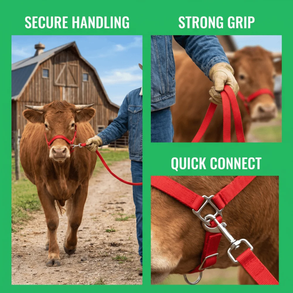 Adjustable Cow Halter with Lead Nylon Heavy Duty Calf Training Rope Comfort Fit Durable Livestock Strap Grassland Riding