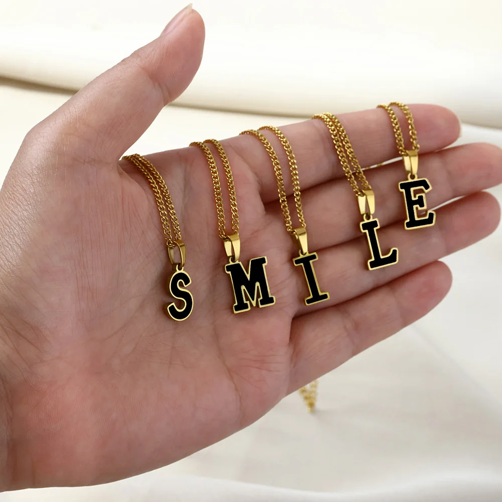 Gold Color Stainless Steel 26-Letter Necklace Classic Black Initial Pendant Necklace Valentine's Day Gift Jewelry Free shipping