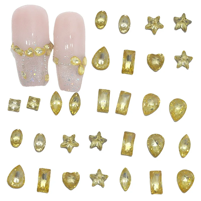 ‌50PCS Golden Chamfered Zircon Flat Diamonds Star Square Drop Shape Nail Art Rhinestones for Sparkle Manicure Party Decor
