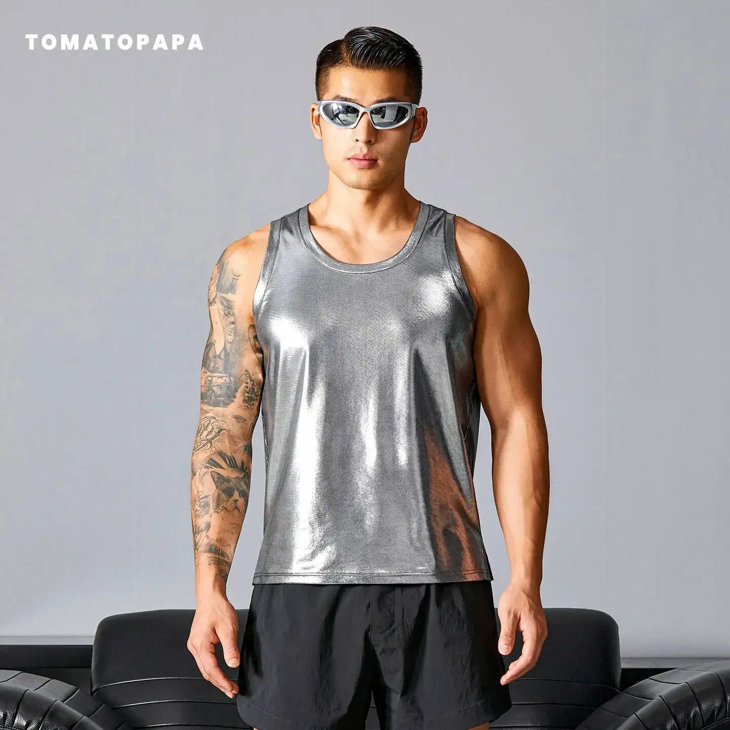 

Black glossy plus size fitness sports t shirt vest Summer faux leather pu sexy tank top