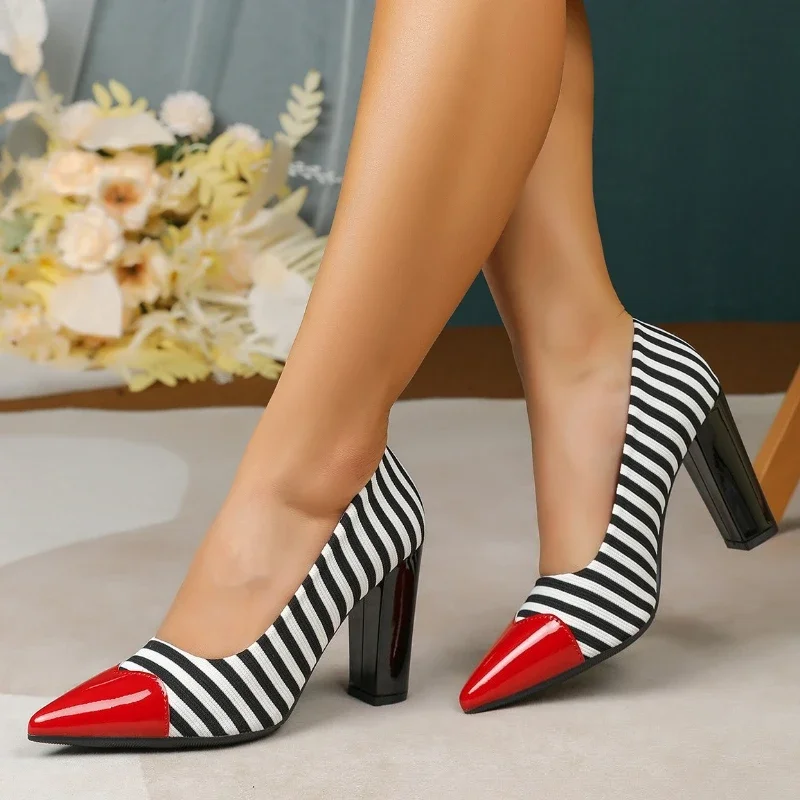 

Sexy Pointed Splicing Striped Chunky Heel Pumps Women Comfort Shallow Designer High Heels Luxury Party Dress Shoes For Ladies