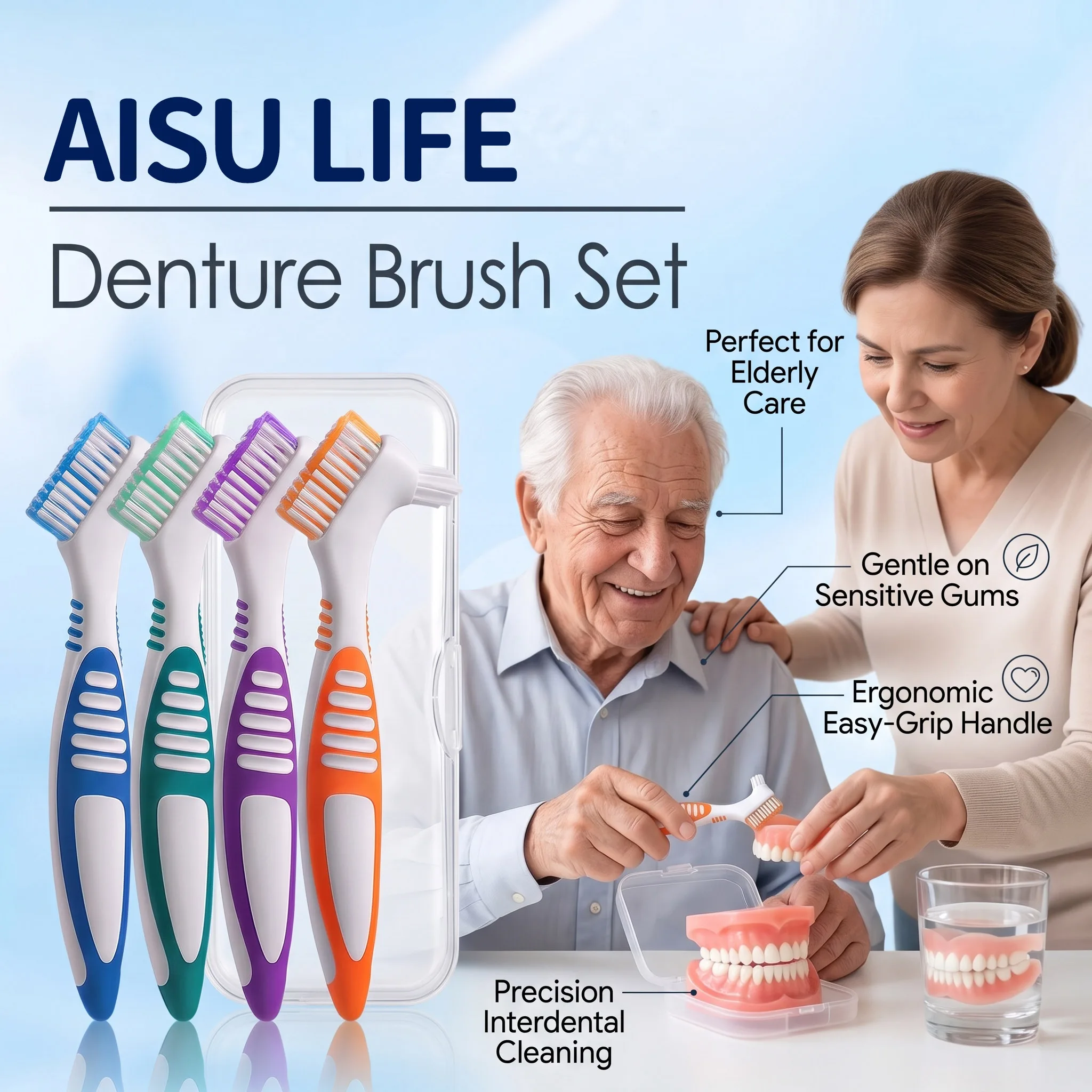 Denture Brush Double‑Sided Bristles Non‑slip Grip False Teeth Cleaner for Retainer Invisalign Mouth Guard Multi‑Color