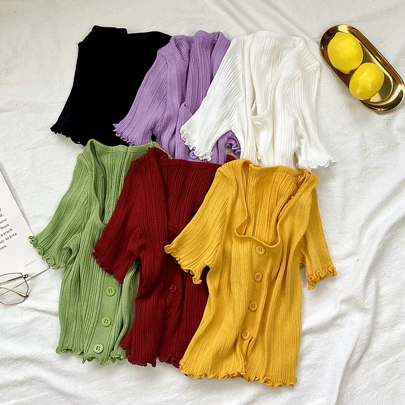 Spring Button Up Tops New All-match Sexy T-Shirts Women V-neck Summer Short Sleeve Elastic T-shirts Solid Knit Casual Pullovers