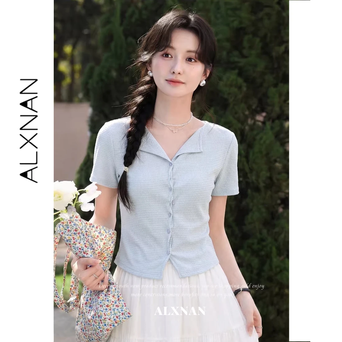 

ALXNAN Women's Blue T-shirt 2026 Summer Casual V-neck Short Sleeve Tees Elegant Slim-fit Basic Fashion Female Clothing L63117