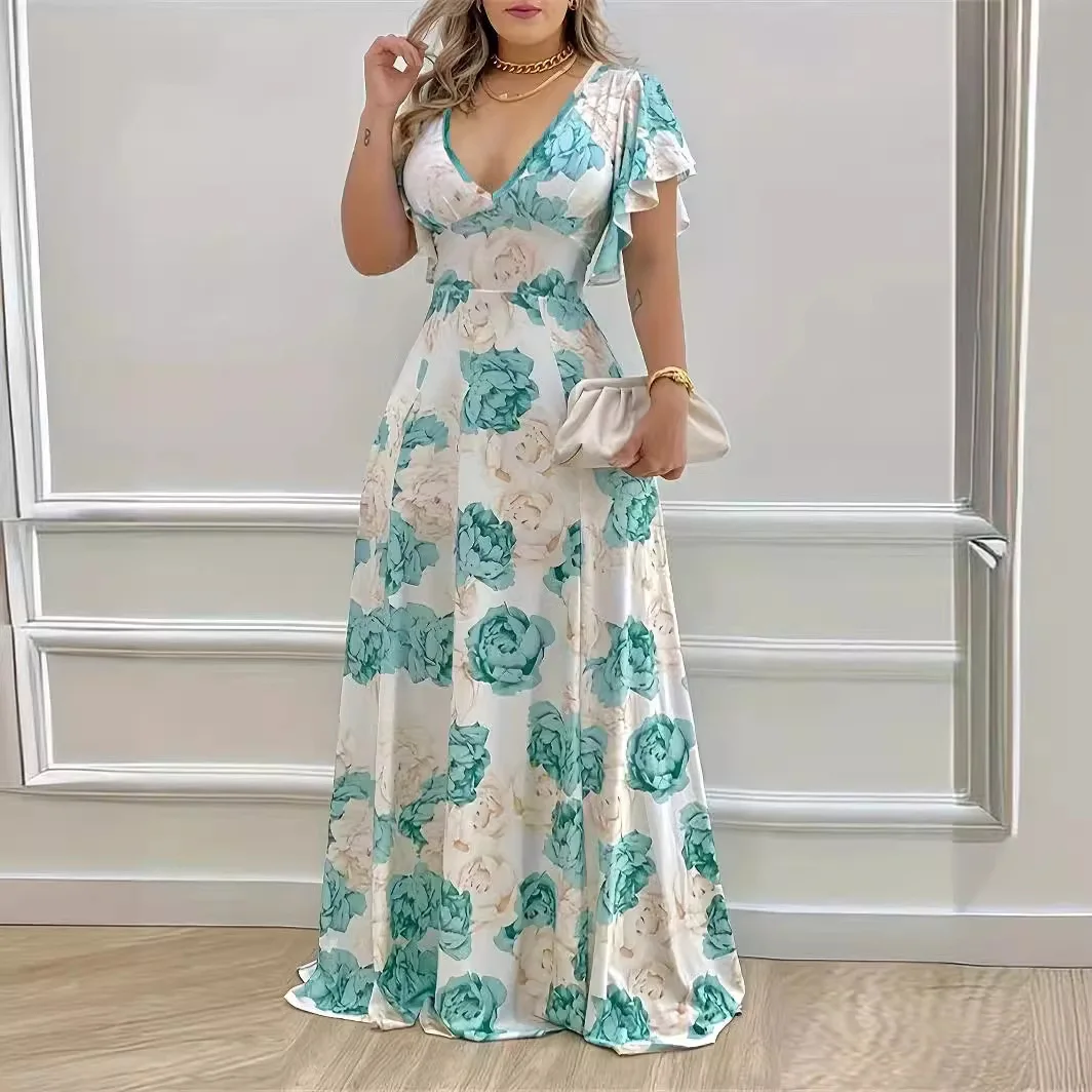 women print loose summer swing dress Suitable for outdoor white flower casual Robe skirt large size vestidos largos mujer verano