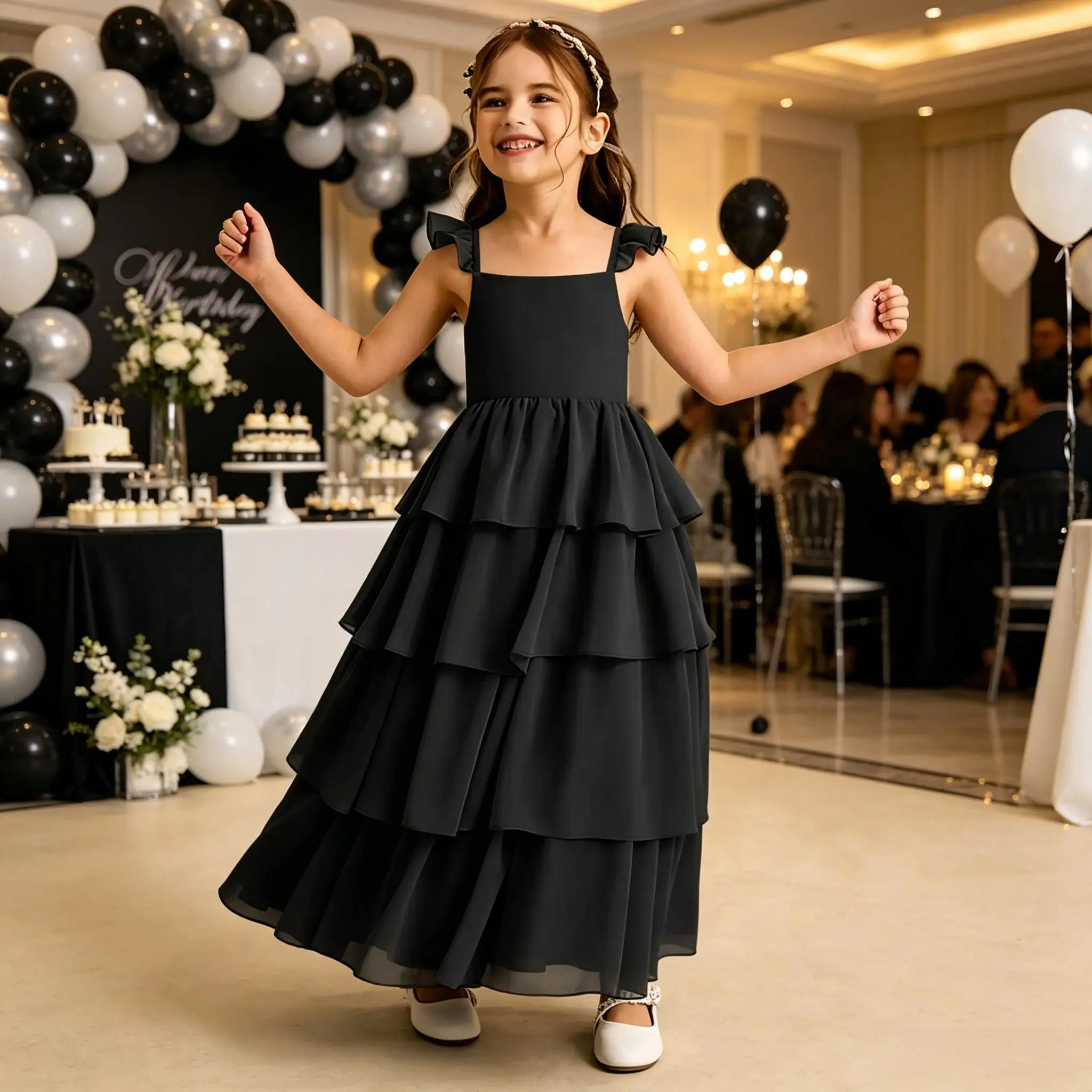 Cswdocy Sweet Girls Bridesmaid Dress Ruffle Strap Square Neck Tiered Chiffon Flower Girl Dress For Pageant Formal Party Birthday