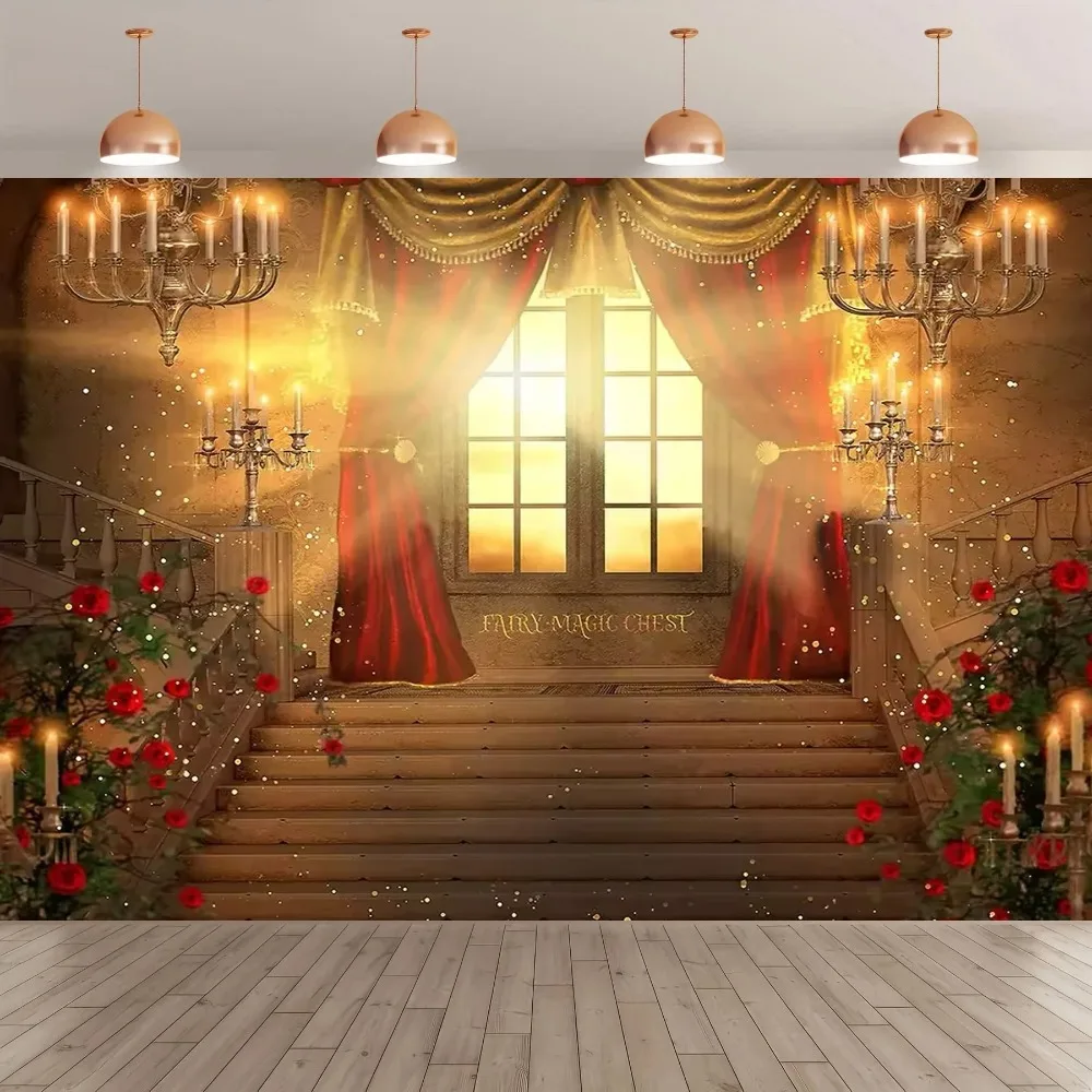 

Castle Palace Red Carpet Staircase Theme Photography Background, Banquet Hall Wedding Decoration Party Photography Background