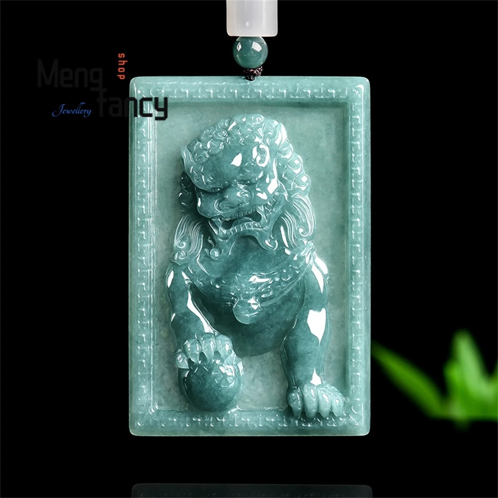 High-Grade Natural Genuine A-Grade Ice-Blue Water Jadeite Lion Pendant Luxury Quality Fashion Jewelry Exquisite Elegant Charms