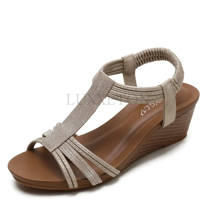 Women Wedges Gladiator Sandals Bohemia Open Toe Leisure Platform Beach Shoes Sandals Ladies Comfy Metallic Summer Heeled Shoes