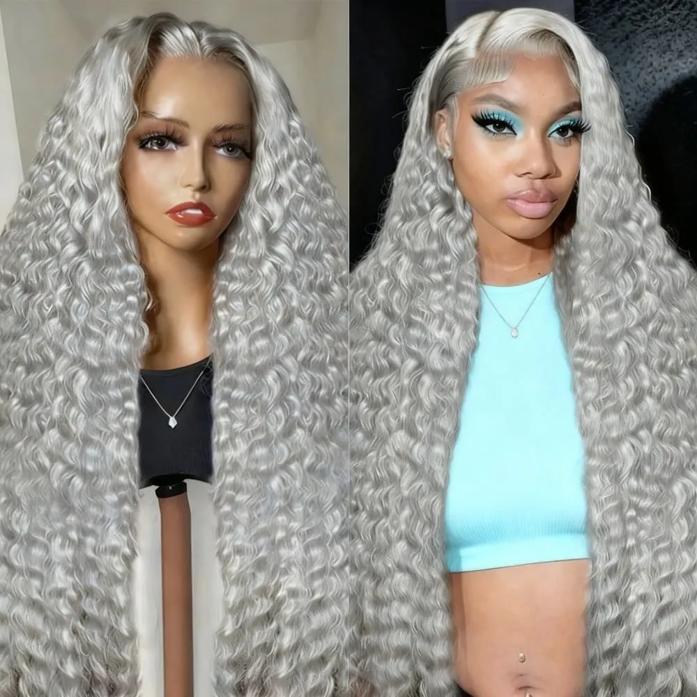 Grey Deep Wave Lace Front Wig 13x4 Hd Lace Front Wig Human Hair for Women 250 Density Lace Front Wig Human Hair for Daliy Use