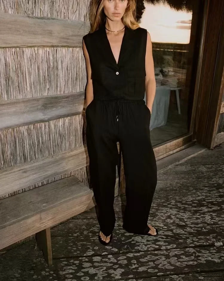 YY0362 ZA25 Summer New Women's Fashion European and American Style Versatile Solid Color Button Suit Collar Vest 2373709