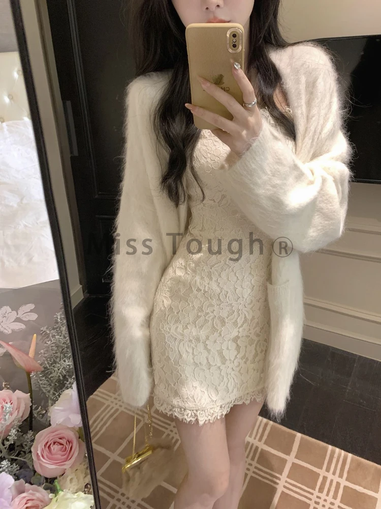 Winter Vintage Knitte Two Piece Set Women Lace Strap Dress+fur Sweater Cardigan Suit Female Korean Fashion Retro Warm Suit 2023