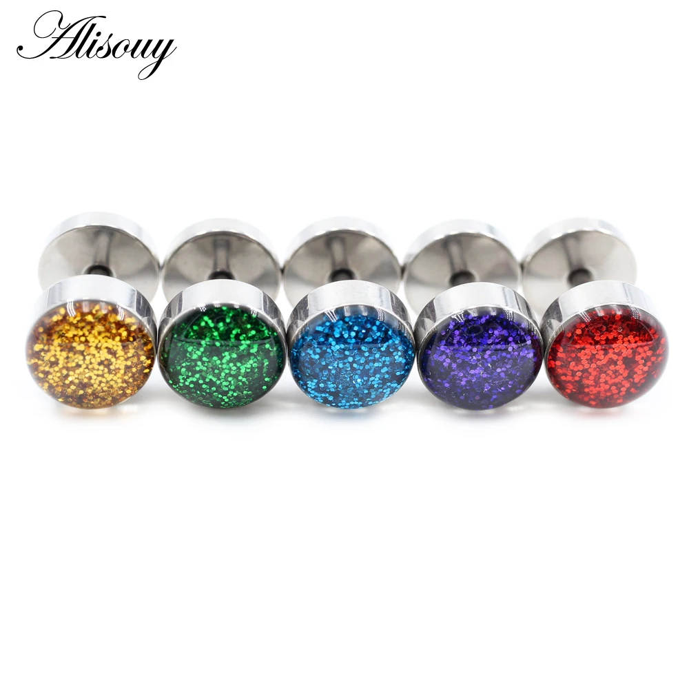 Alisouy 2pcs Glittering Sequin Stainless Steel Men Women Barbell Ear Stud Earring Tragus Helix Piercing Jewelry Fake Ear Plugs