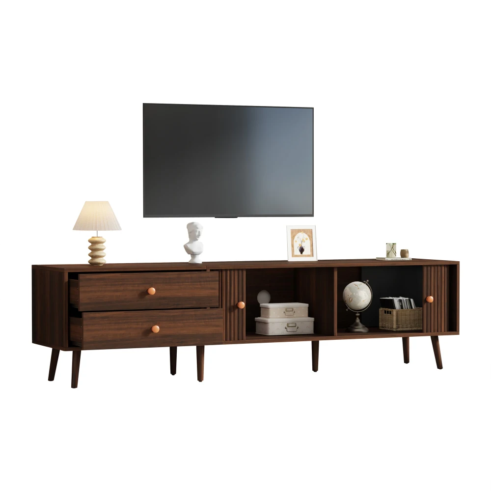 180x40x46,5cm TV-Schrank in Walnussholz-Optik, Fernsehständer mit 2 Schubladen, 2 Rolltüren und 7 Ständern, für Fernseher bis zu 80 Zoll – Detail 8
